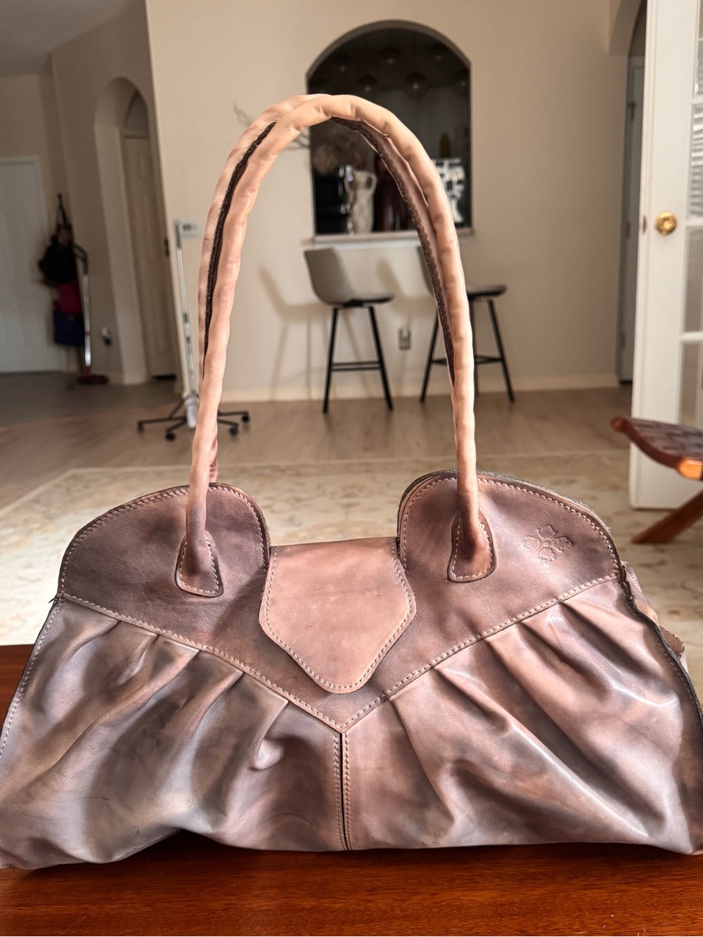 Patricia Nash Lione XL Taupe Brown Leather Pleated Satchel Handbag 18”